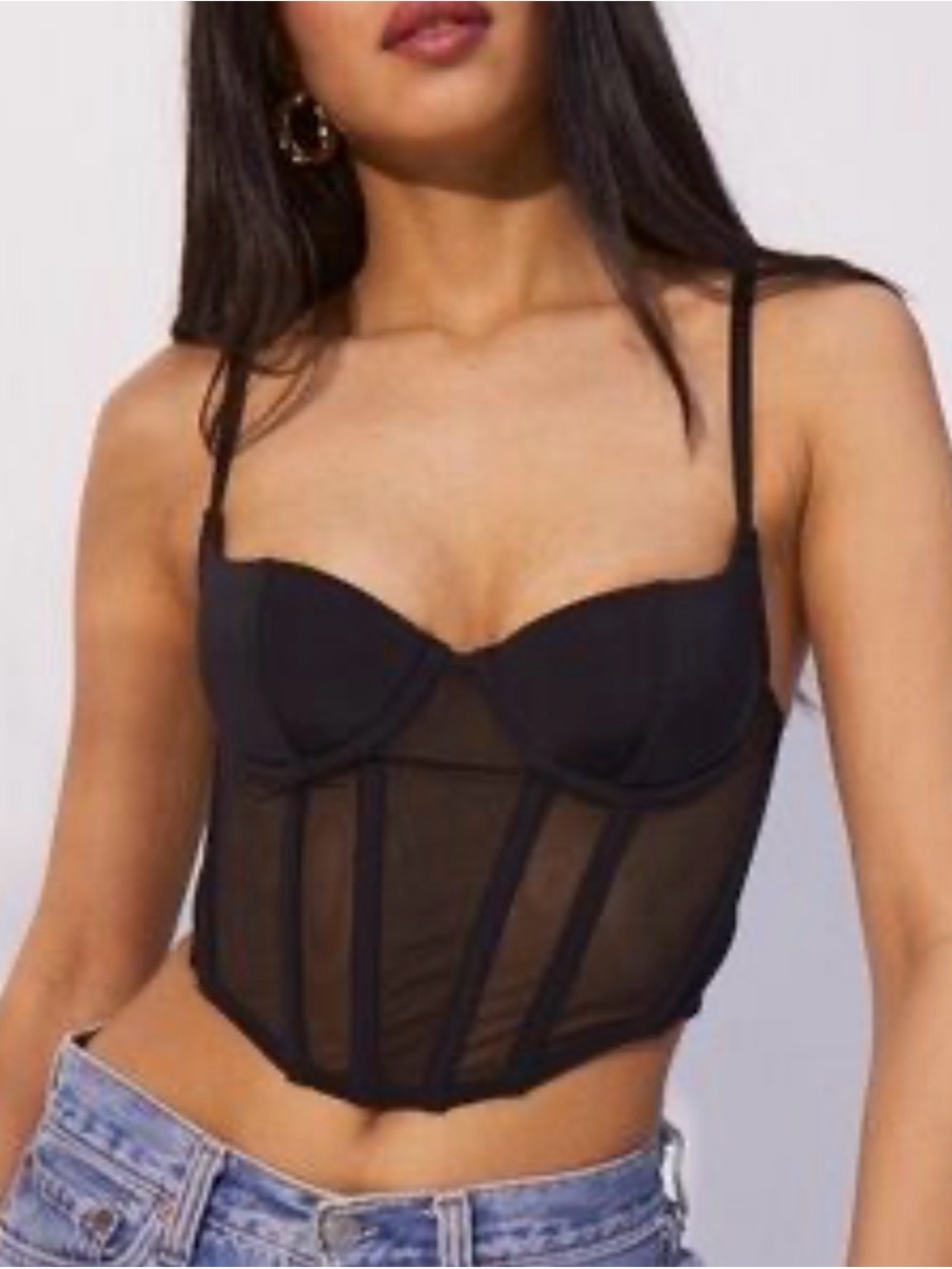 Forever 21 Black Mesh Bustier Crop Top Babydoll Corset size M